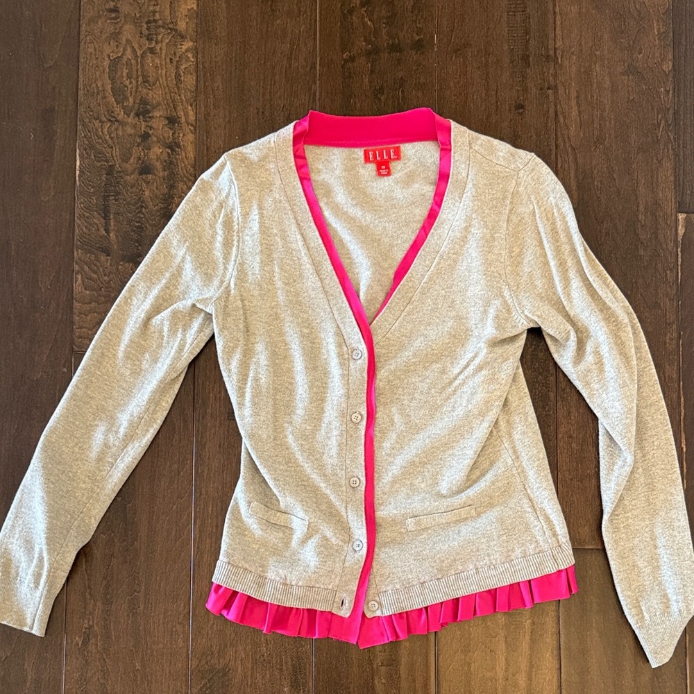 Y2K Elle Gray Cardigan with Hot Pink Trim and Ruffle